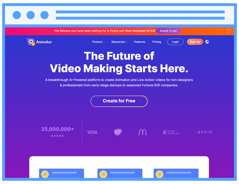 Animaker homepage highlighting its AI-powered platform for creating animation and live-action videos for businesses and content creators