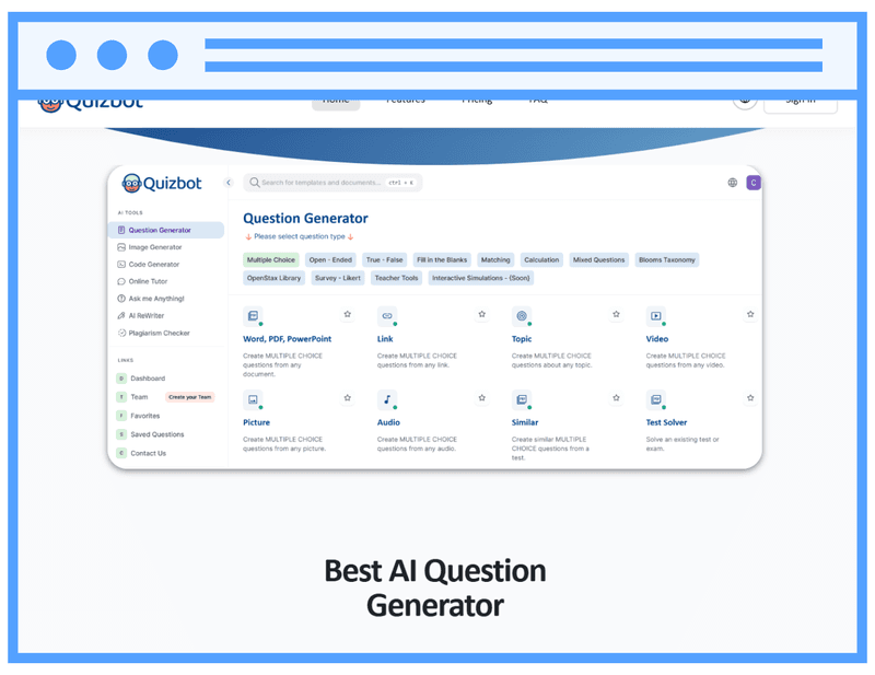 Quizbot interface displaying its AI-powered question generator with options for multiple choice, video-based, and document-based quiz creation