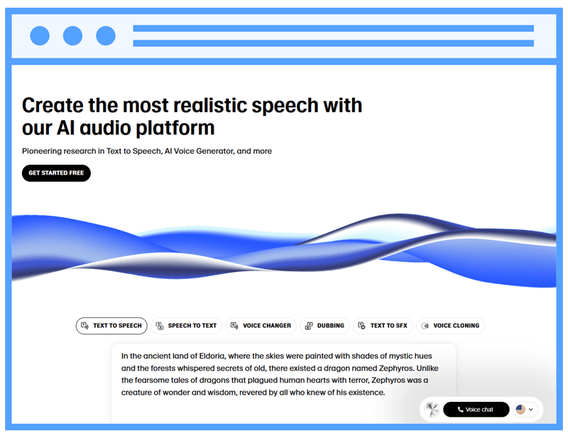 ElevenLabs homepage showcasing its AI audio platform with features like text to speech, voice cloning, and realistic voice generation
