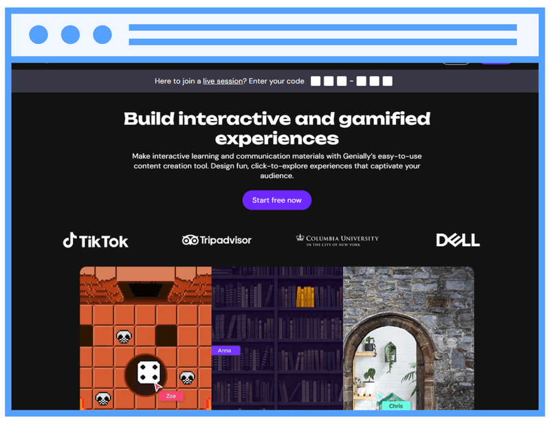 Genially homepage highlighting its AI-powered platform for creating interactive and gamified learning experiences with visual storytelling tools