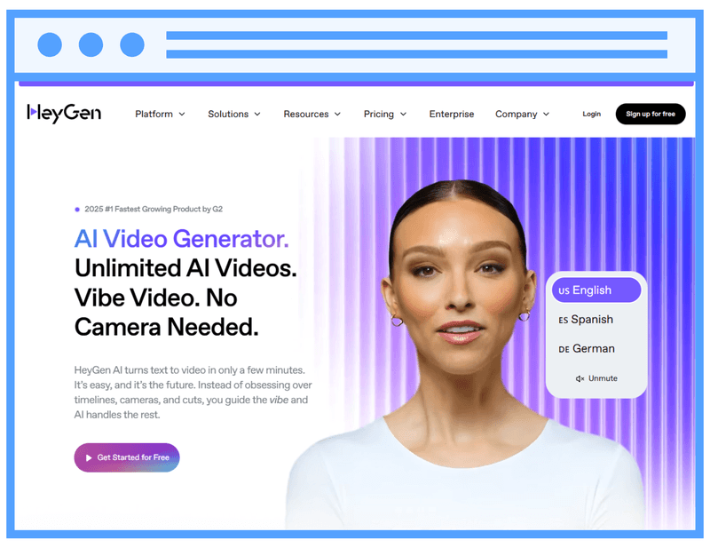 HeyGen homepage featuring its AI video generator that creates realistic avatar videos from text without using a camera