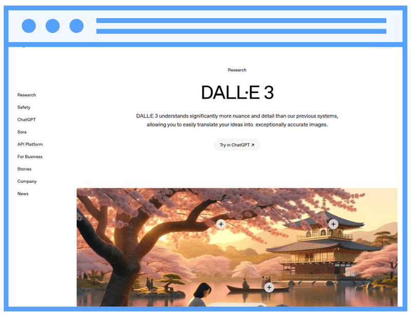 DALL·E 3 homepage on OpenAI's website showcasing AI-generated artwork and its advanced image generation capabilities from text prompts