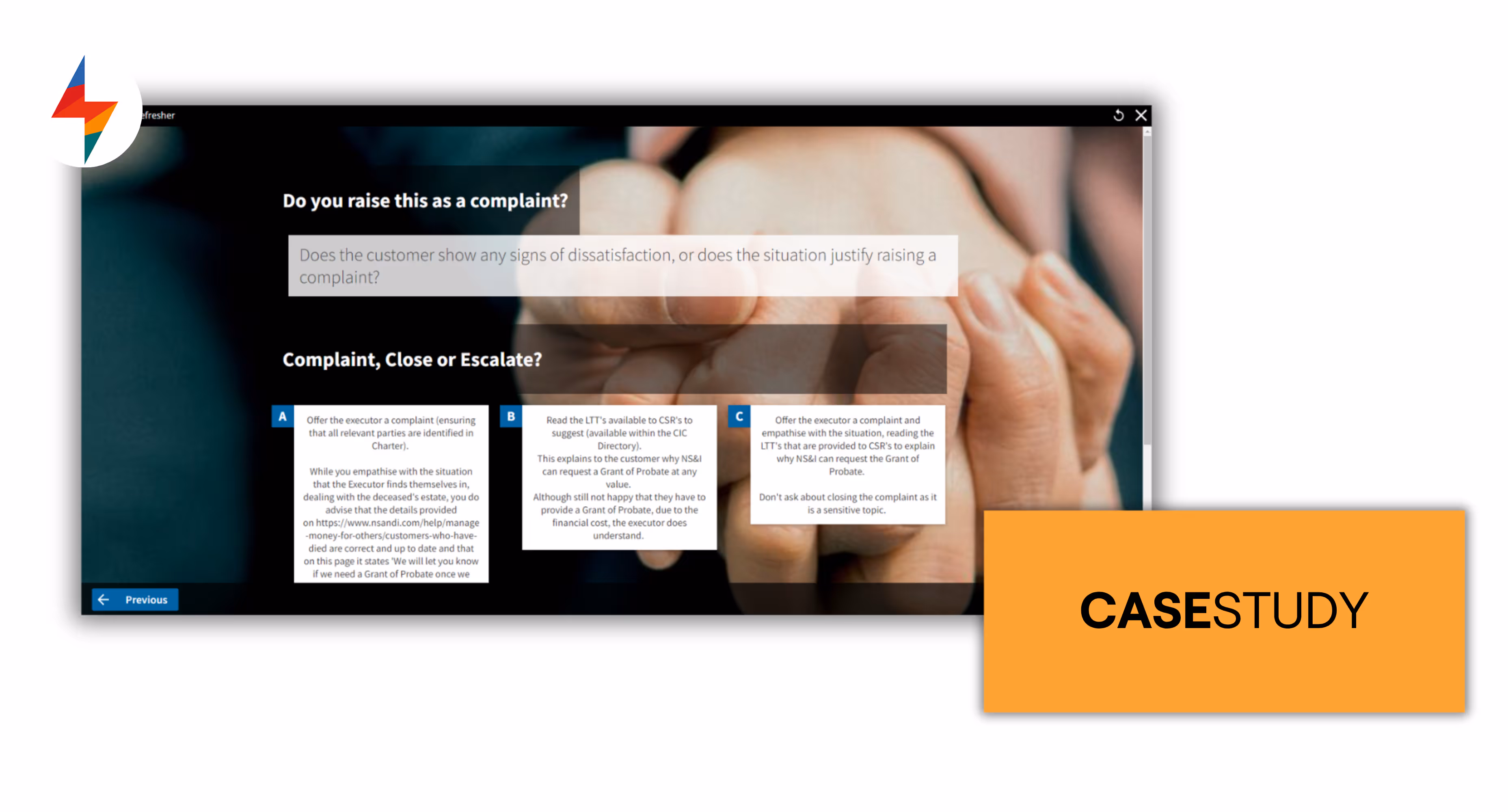 Examples of e-learning: Screenshot of FLOWSPARKS interactive CASESTUDY format