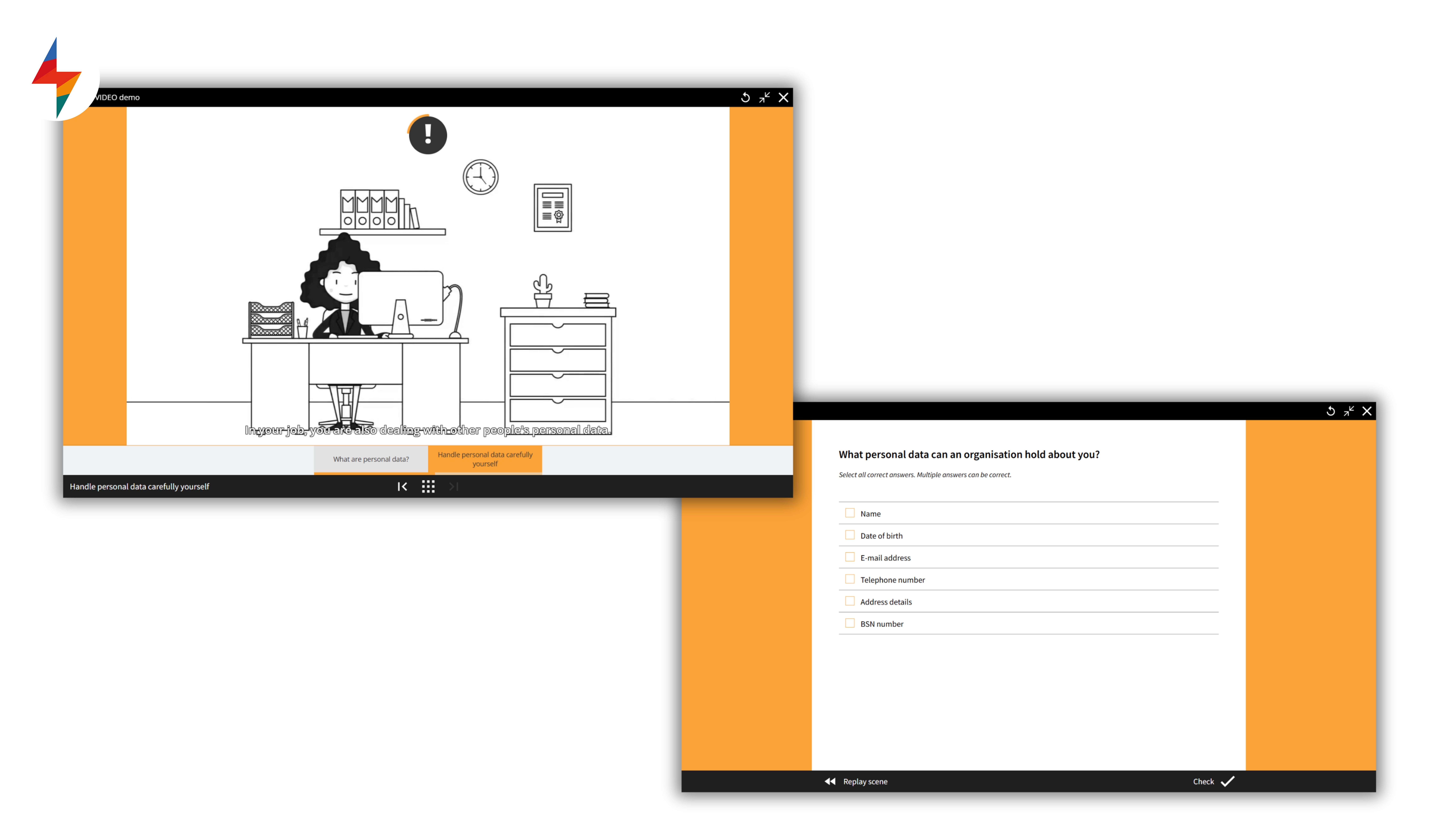 Screenshot of SMARTVIDEO in FLOWSPARKS interactive training software showing a video-based learning module with embedded questions and compliance-related content.