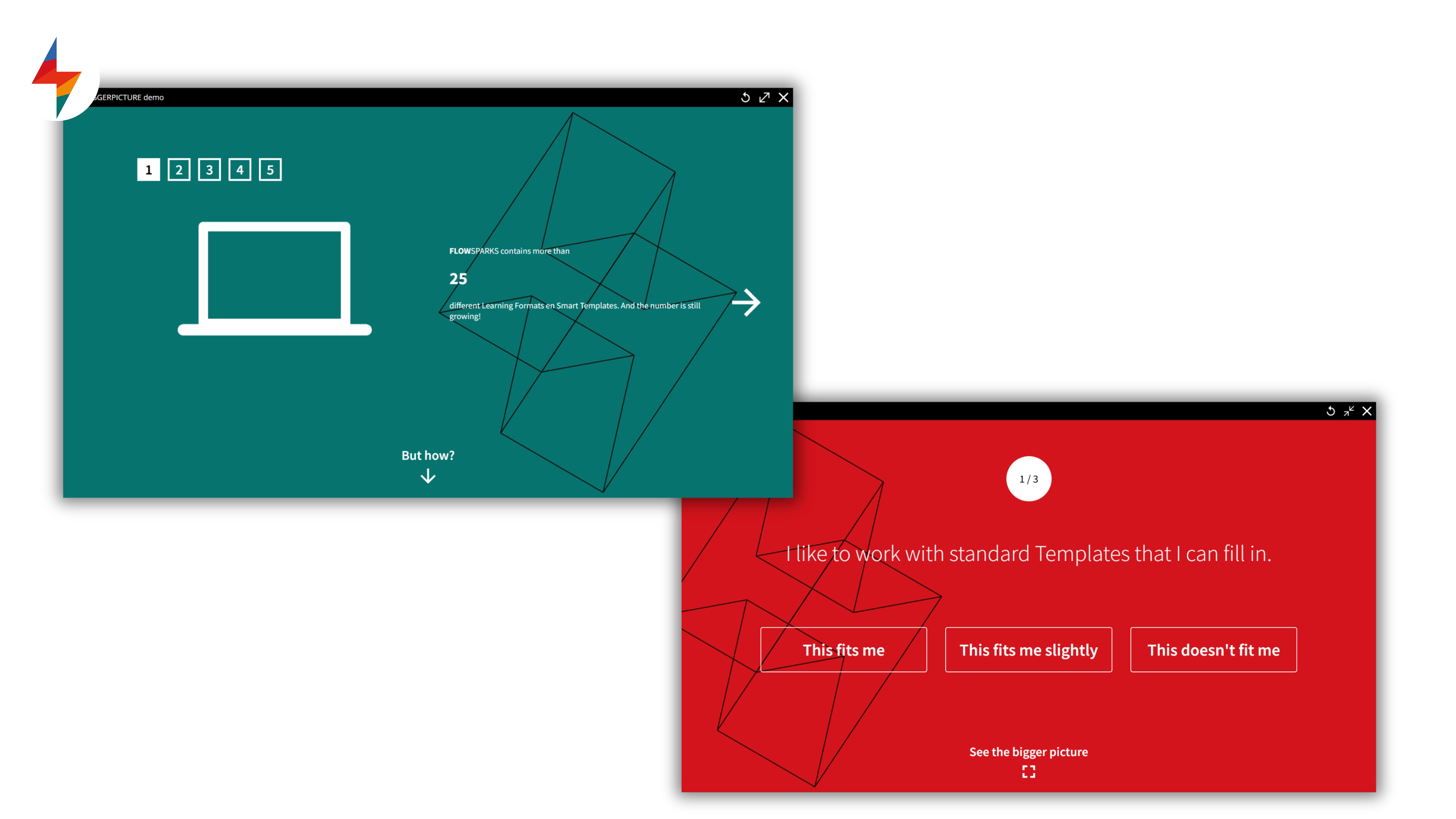 Screenshots of THEBIGGERPICTURE in FLOWSPARKS interactive training software showing interactive self-assessment and multi-step learning interface for exploring complex topics.