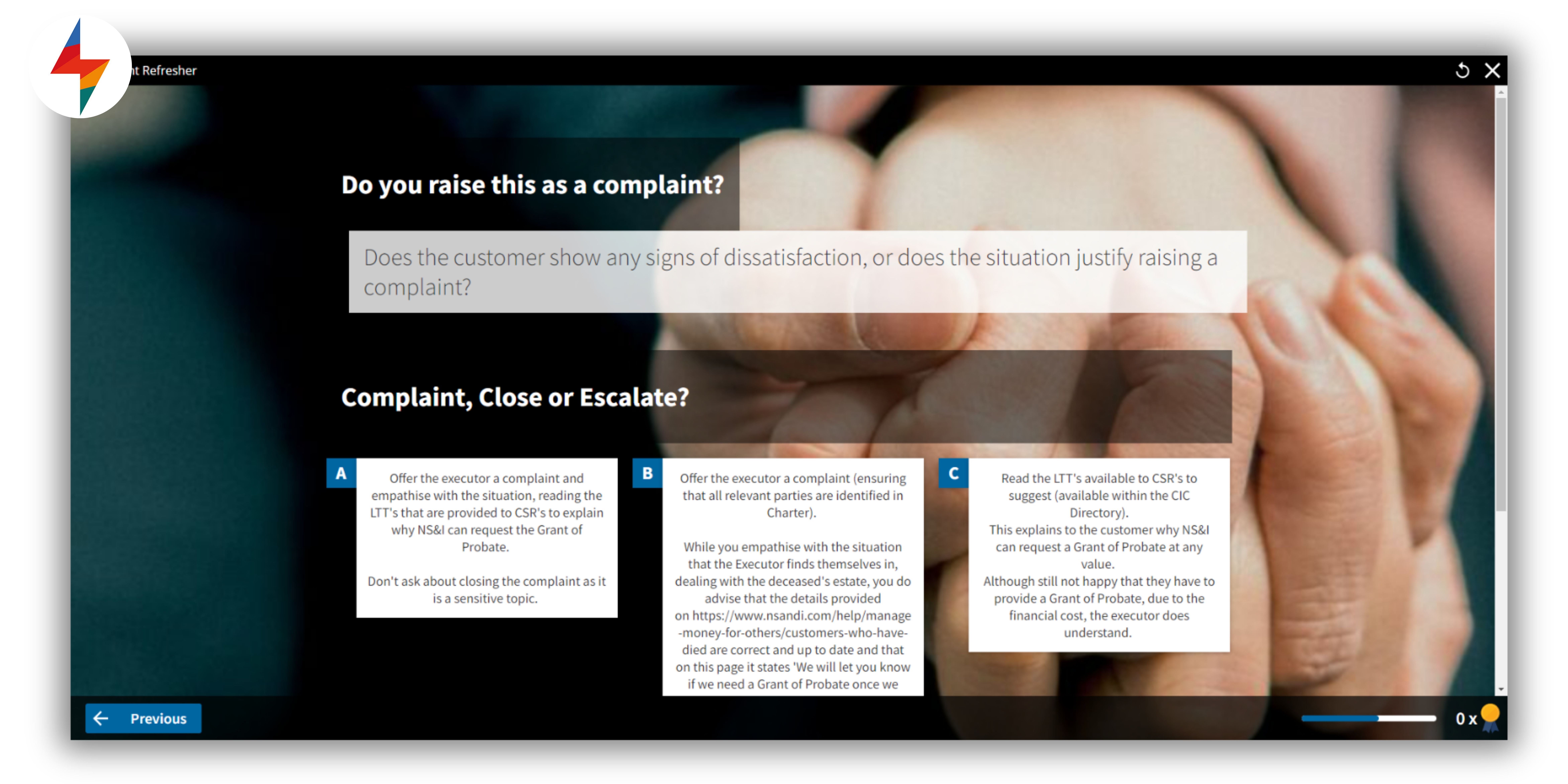 Screenshot of STORYWISE in FLOWSPARKS' interactive training software showing a customer service dilemma with multiple-choice decision paths and narrative feedback.
