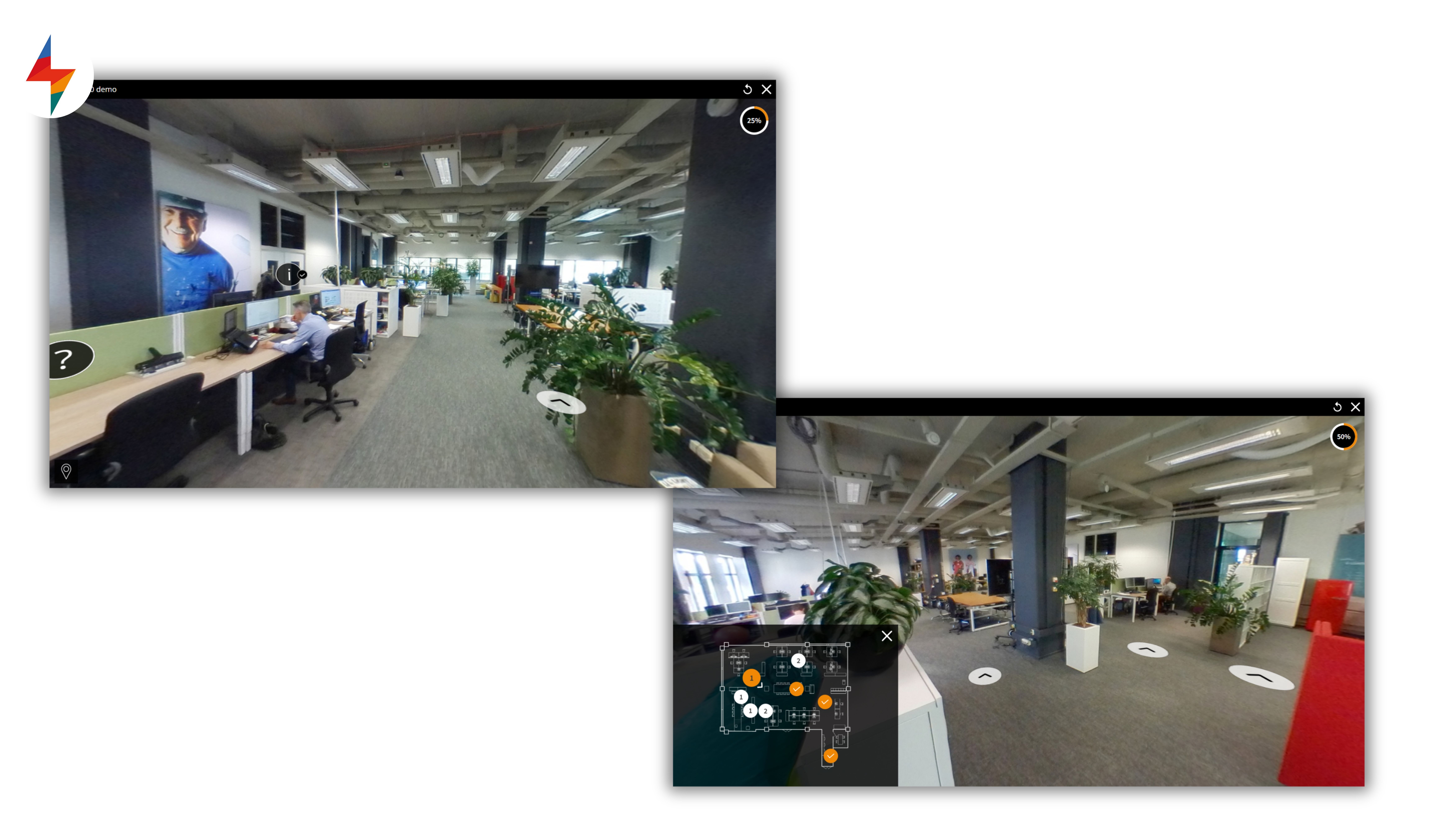 Screenshots of SMART360 in FLOWSPARKS' interactive training software showing a virtual office environment with interactive hotspots for spatial learning and safety orientation.