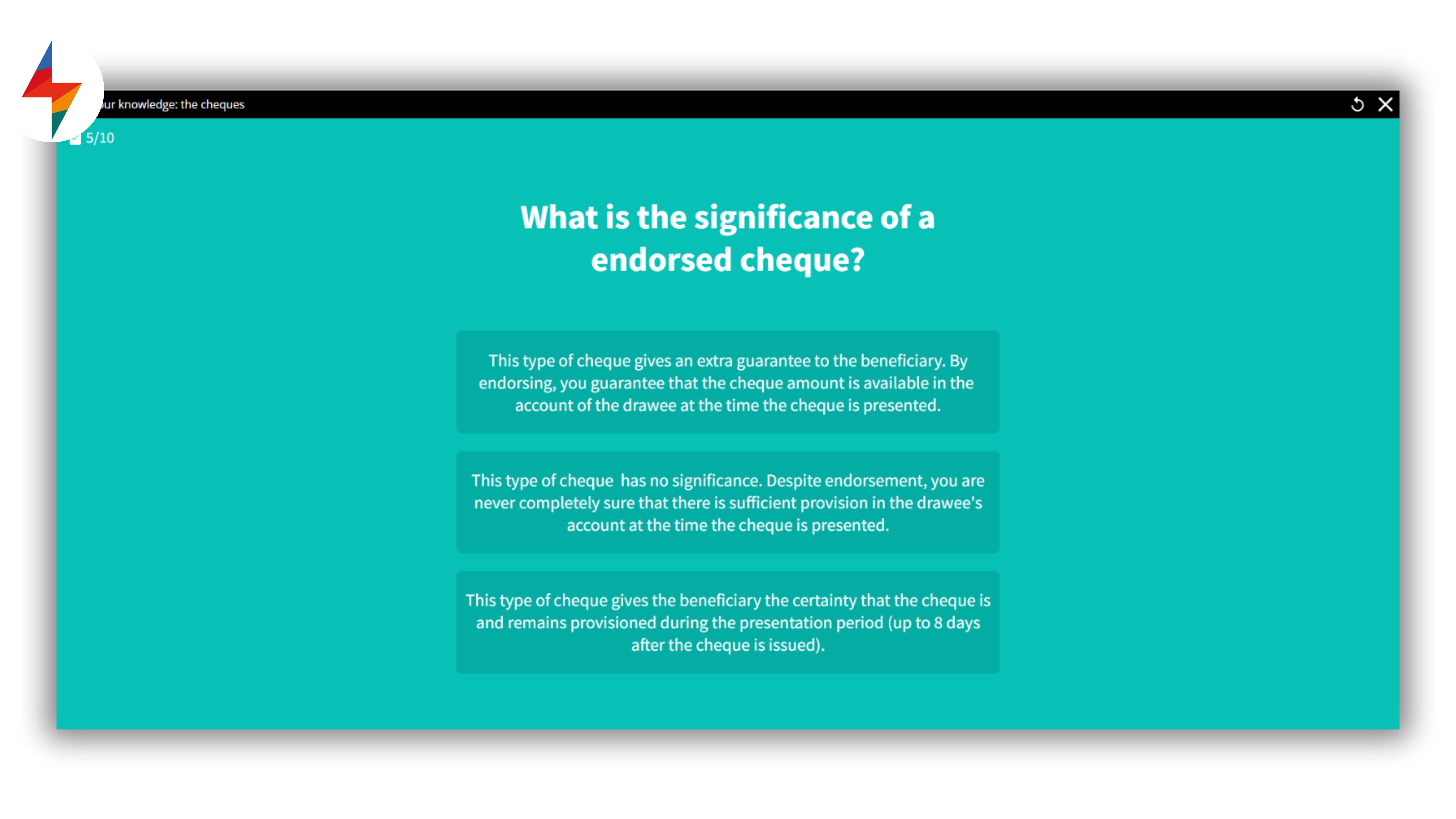 Screenshot of a FLASHCARDS module displaying a single question with three answer options on a bright teal background, designed for quick memory practice through micro-challenges.