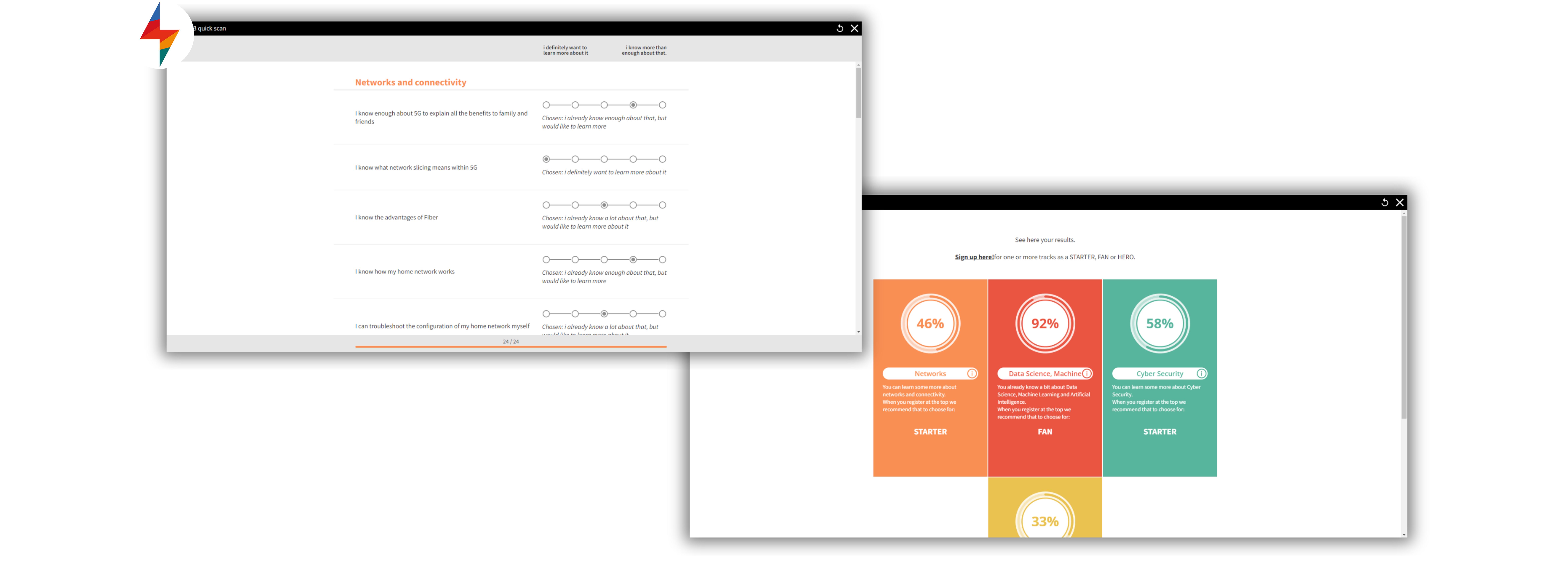 Screens showing a self-assessment with sliding scale responses and a personalized visual dashboard summarizing the learner’s scores across multiple categories.