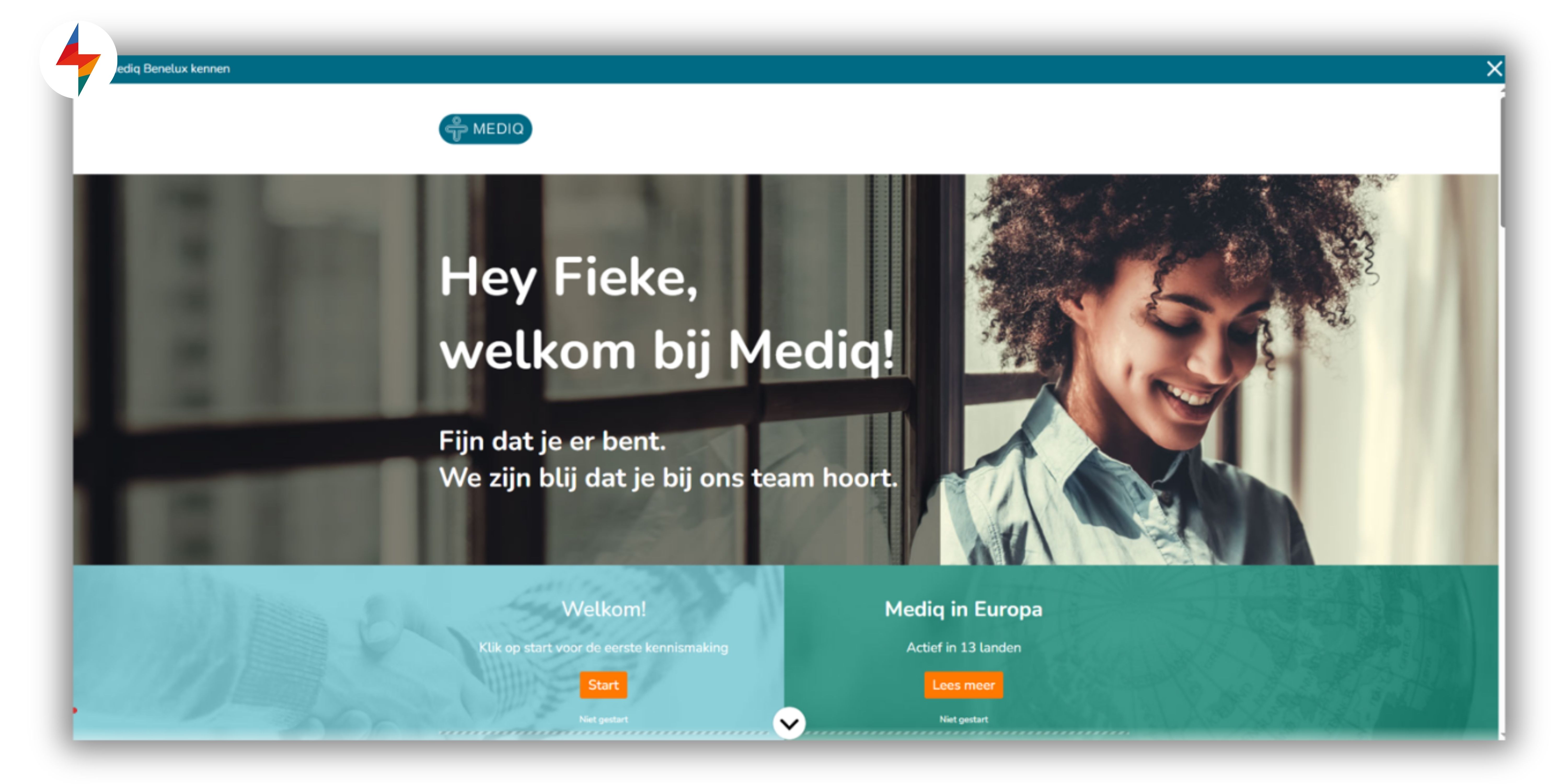 FLOWSPARKS' e learning application showing personalized onboarding screen welcoming a new employee, used for scalable digital training.