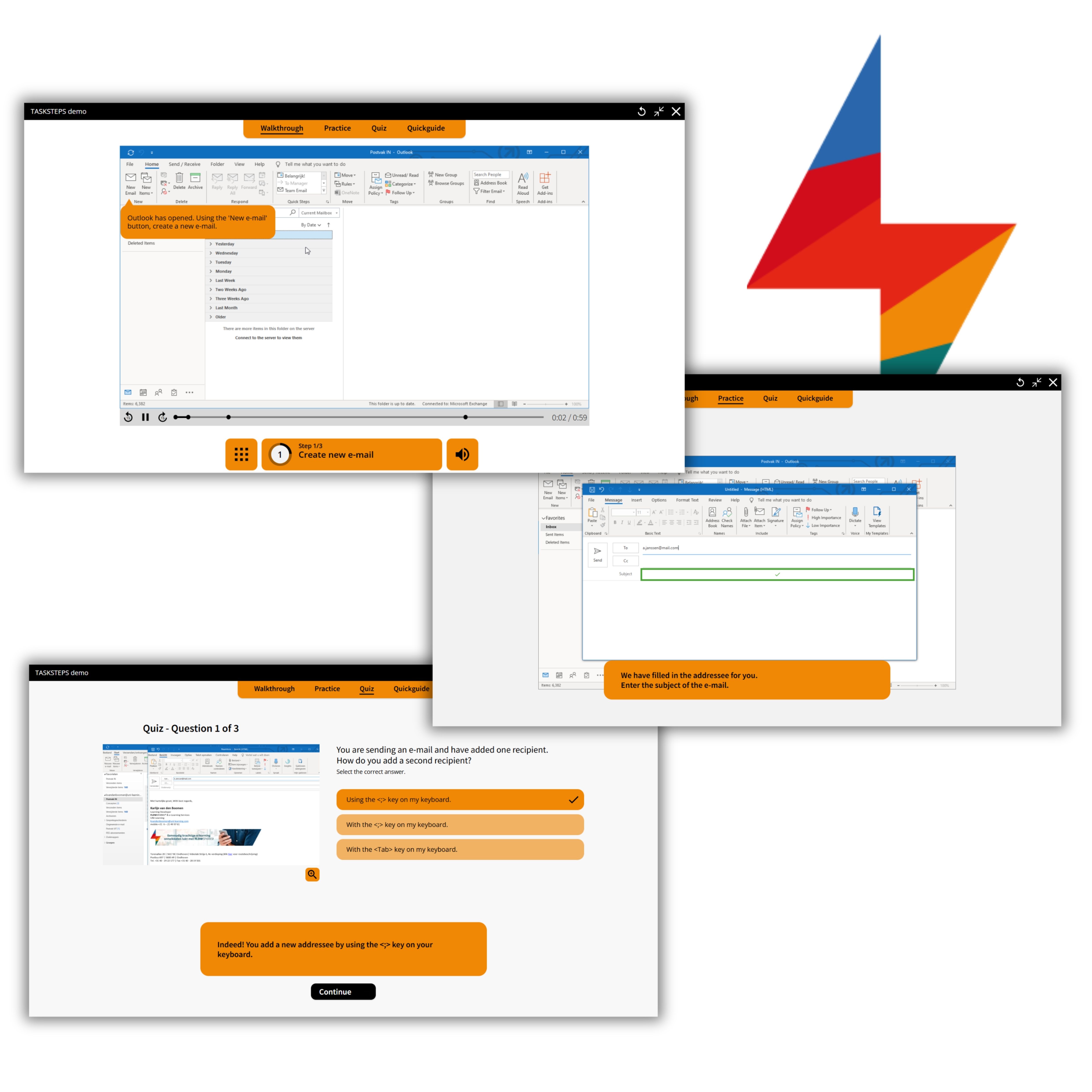 FLOWSPARKS' e learning application used for step-by-step software training with interactive walkthroughs, quizzes and self-paced practice to support system roll-outs.