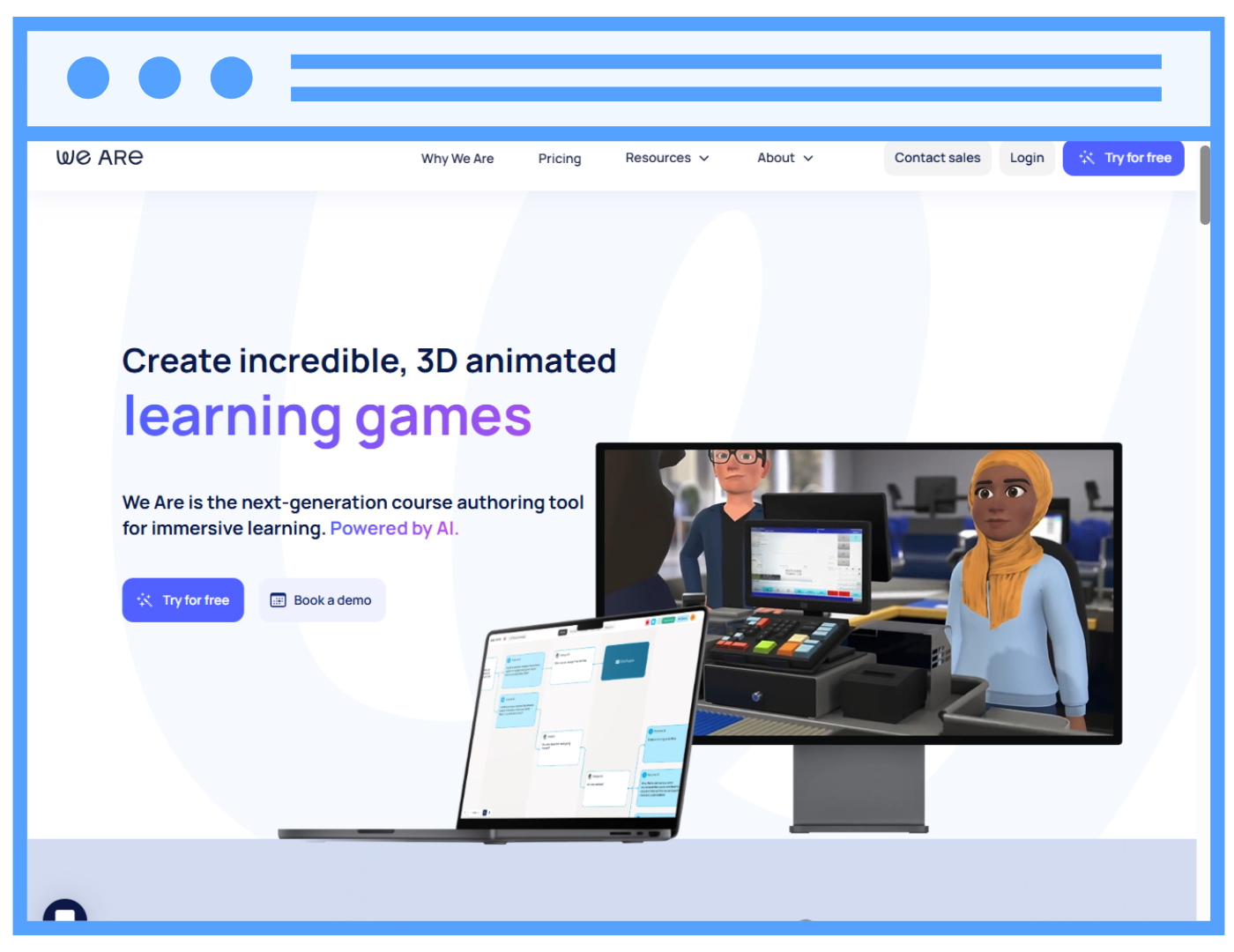 Screenshot of We Are homepage featuring interactive elearning with 3D animated learning game on desktop and laptop