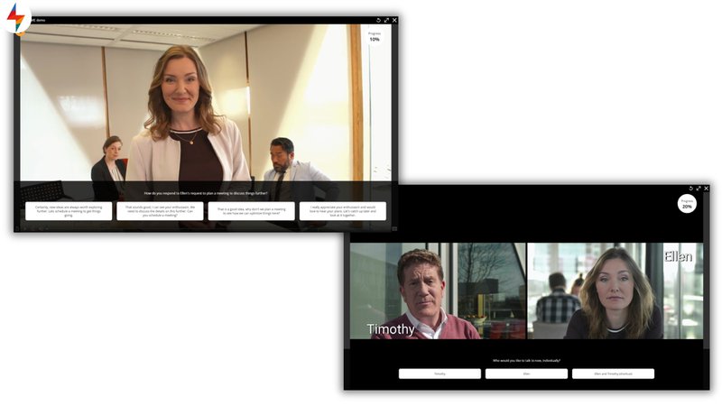 FLOWSPARKS SMARTGAME e-learning template with branching storylines and decision paths, showing how to make e-learning interactive and personalized.