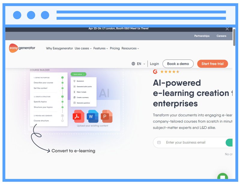 Screenshot of the Easygenerator homepage showing AI-powered course builder for quick digital training creation with quizzes and branching.