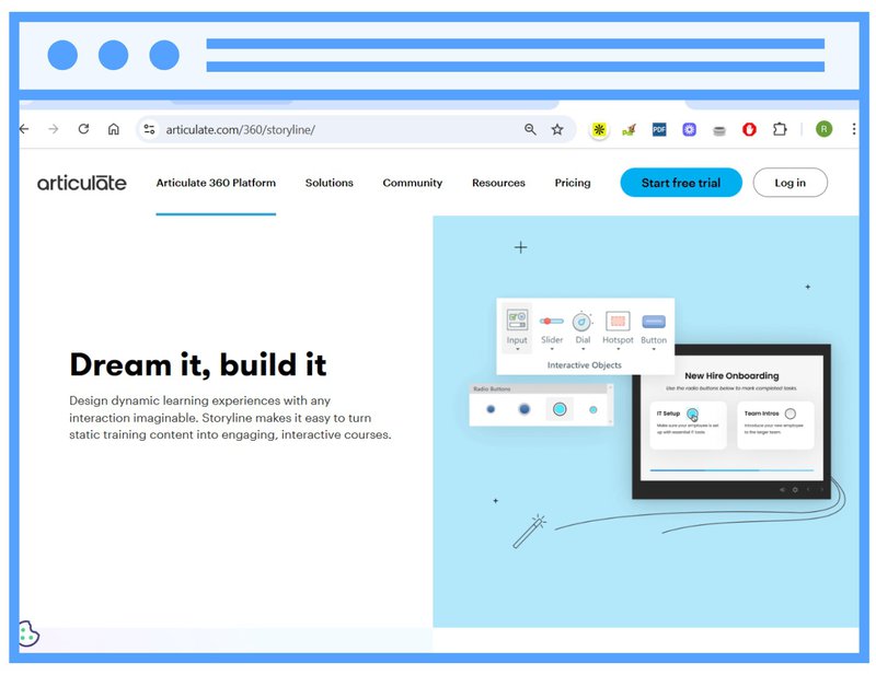 Screenshot of the Articulate Storyline homepage highlighting interactive course design with branching, simulations, and drag-and-drop options.