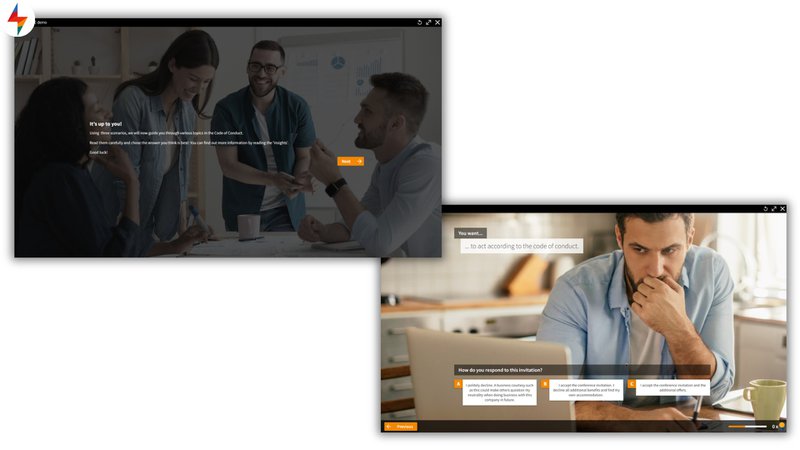 FLOWSPARKS STORYWISE e-learning activity with realistic scenarios and simulations, showing how to make e-learning interactive and practical.