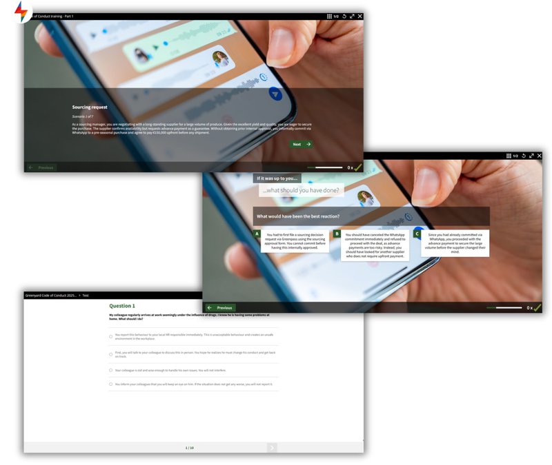 Example of Greenyard’s Code of Conduct training created with FLOWSPARKS, where employees practice realistic scenarios through STORYWISE and test their understanding with SMARTTEST.