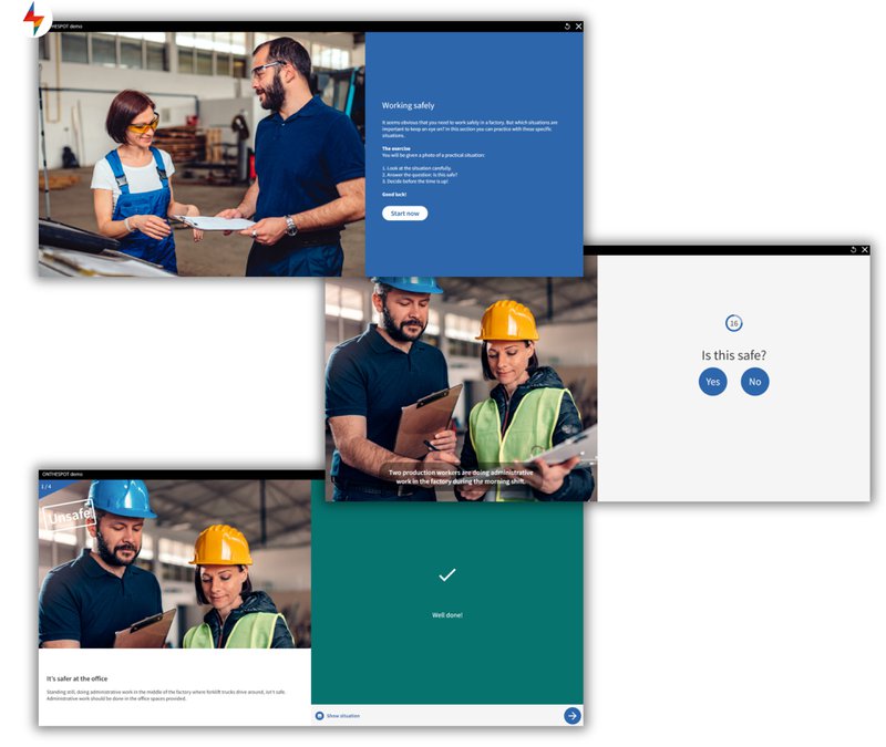 Screenshots of FLOWSPARKS ONTHESPOT activity where learners assess practical safety situations, used to create interactive e-learning content that applies knowledge immediately.