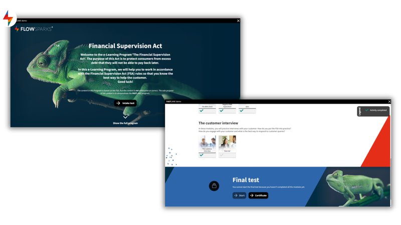 FLOWSPARKS FASTLANE adaptive learning technology interface with intake test that grants exemptions based on the learner’s knowledge level.