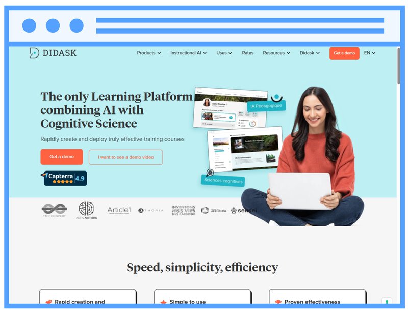 Homepage of the Didask learning platform highlighting its AI-driven course creation and cognitive-science-based training approach.