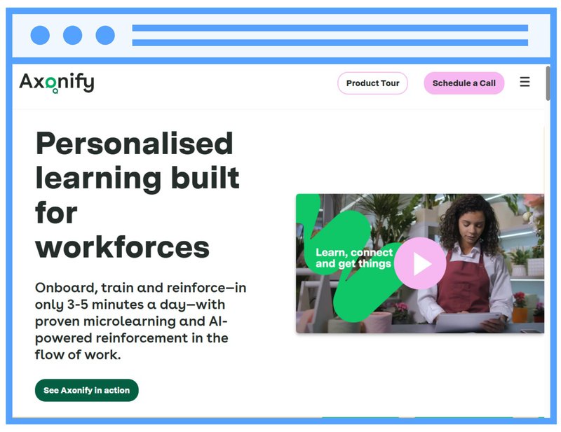 Homepage of the Axonify adaptive learning platform featuring its focus on personalised microlearning for frontline workforces.