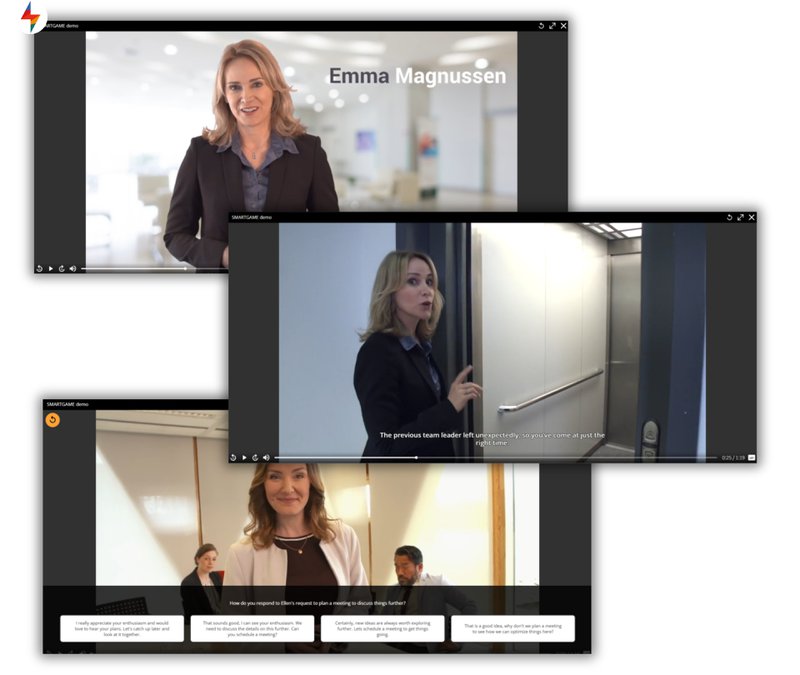 Screenshot of FLOWSPARKS SMARTGAME adaptive learning technology with branching video scenarios that adapt to the learner’s choices.