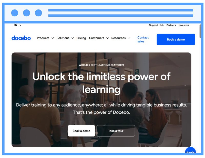 Homepage of Docebo’s adaptive learning technology platform, highlighting its AI-powered enterprise learning solutions.