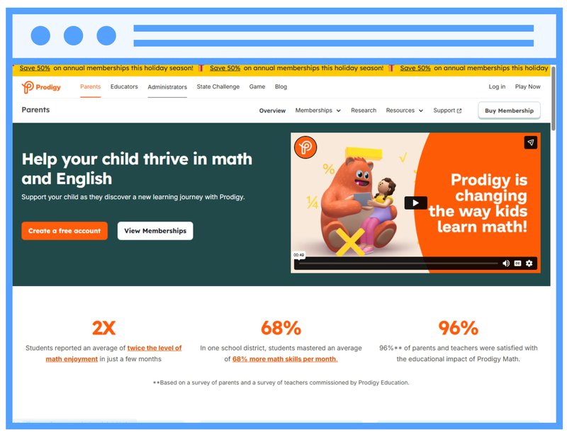 Homepage of the Prodigy Math adaptive learning platform showing its message about helping children thrive in math and English, with a promotional video and membership options.