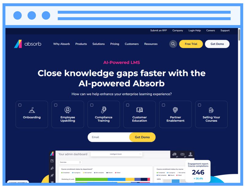 Homepage of the Absorb LMS website showing the tagline “Close knowledge gaps faster with the AI-powered Absorb” and navigation to products, solutions and pricing.