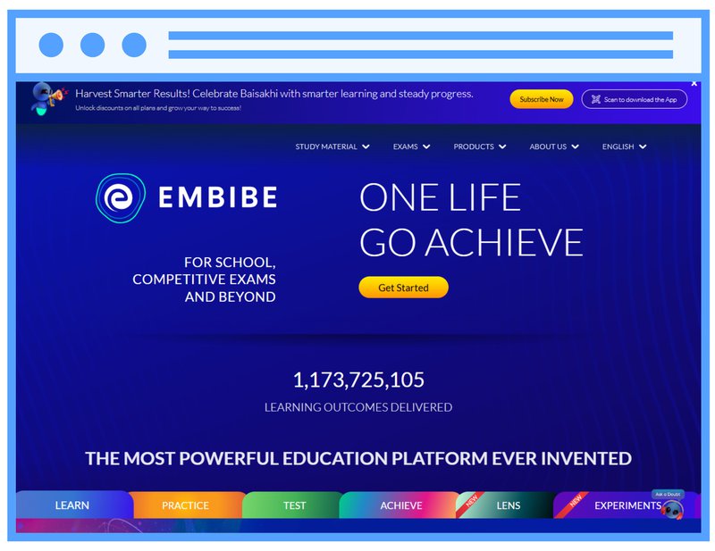 Homepage of the Embibe adaptive learning platform showing its exam-focused message “One Life Go Achieve” and navigation for school and competitive test preparation.