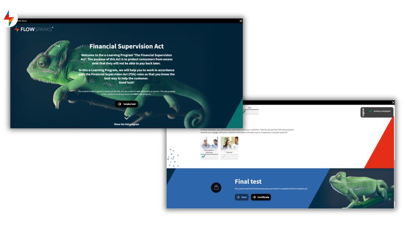 FLOWSPARKS FASTLANE shows adaptive learning in corporate training via an intake test that skips known topics.