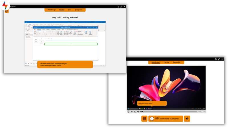Microlearning examples for software training showing two screens of a step by step walkthrough for email and Microsoft Teams