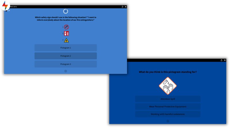 Microlearning examples for safety training showing two flashcard quizzes where learners identify the correct safety pictogram for fire extinguishers and hazardous substances