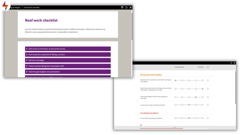 Microlearning examples for refresher training showing two screens of a roof work safety checklist and a cybersecurity self assessment