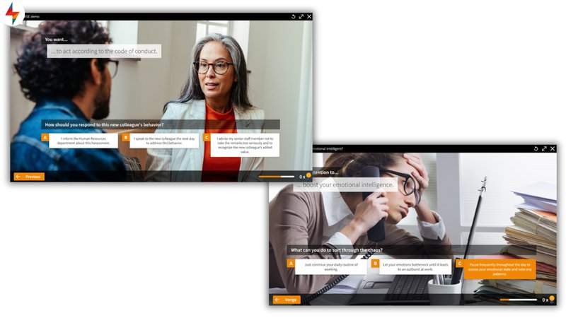 Microlearning examples for workplace training showing two dilemma scenarios where learners choose the best response to a harassment situation and a stress management challenge
