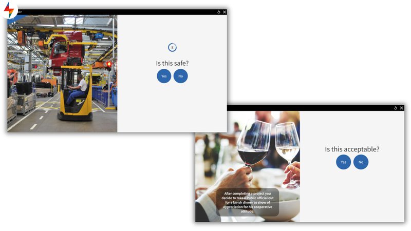 Microlearning examples for safety training showing two screens where learners judge whether a forklift situation and a business dinner are acceptable