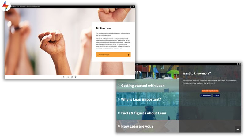 Soft skills training showing a module on motivation and emotional intelligence alongside a Lean methodology learning path with a course completion screen