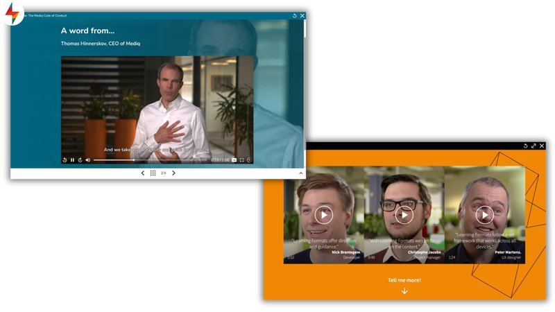 Microlearning examples for leadership development showing a CEO delivering a video message on company values and a series of short coaching videos from team members