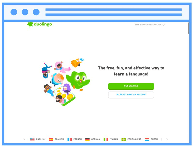Homepage van de Duolingo taalleerapplicatie met het welkomstscherm en de boodschap "The free, fun, and effective way to learn a language".