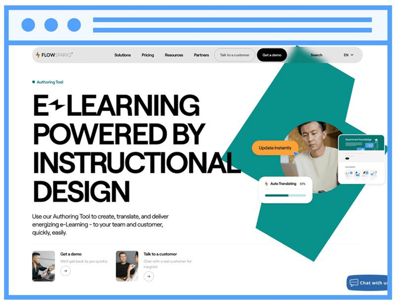 Homepage van het FLOWSPARKS e learning platform, met de e-learning authoring tool en focus op instructional design.