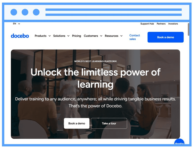 Homepage van het Docebo e learning platform, met de nadruk op AI-gestuurde enterprise learningoplossingen.