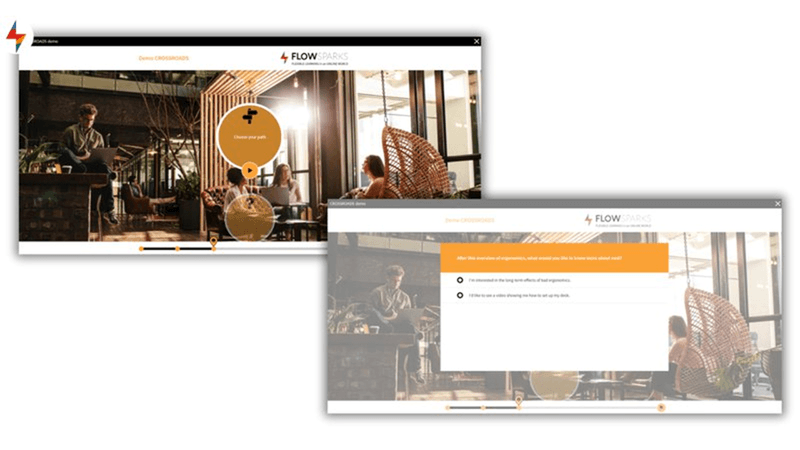 FLOWSPARKS CROSSROADS e learning platform voorbeeld, waarbij deelnemers de volgorde van hun e learning modules beïnvloeden.