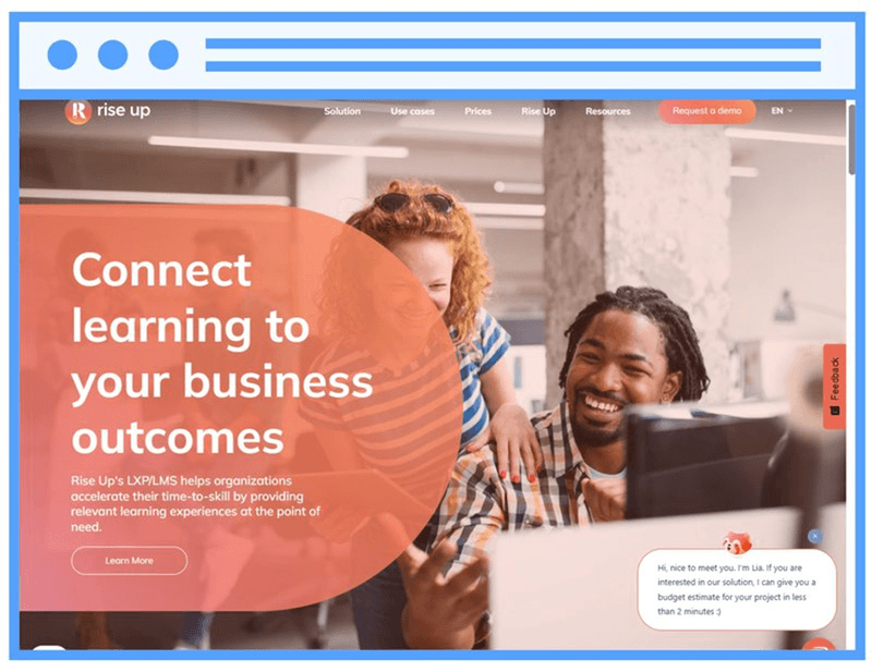 Homepage van het Rise Up e learning platform met de boodschap over het verbinden van leren aan bedrijfsresultaten en het aanbod van LMS, LXP en authoring mogelijkheden.