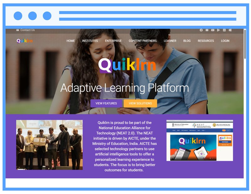 Homepage van het Quiklrn platform met de nadruk op gepersonaliseerde leerpaden voor studenten en instellingen.
