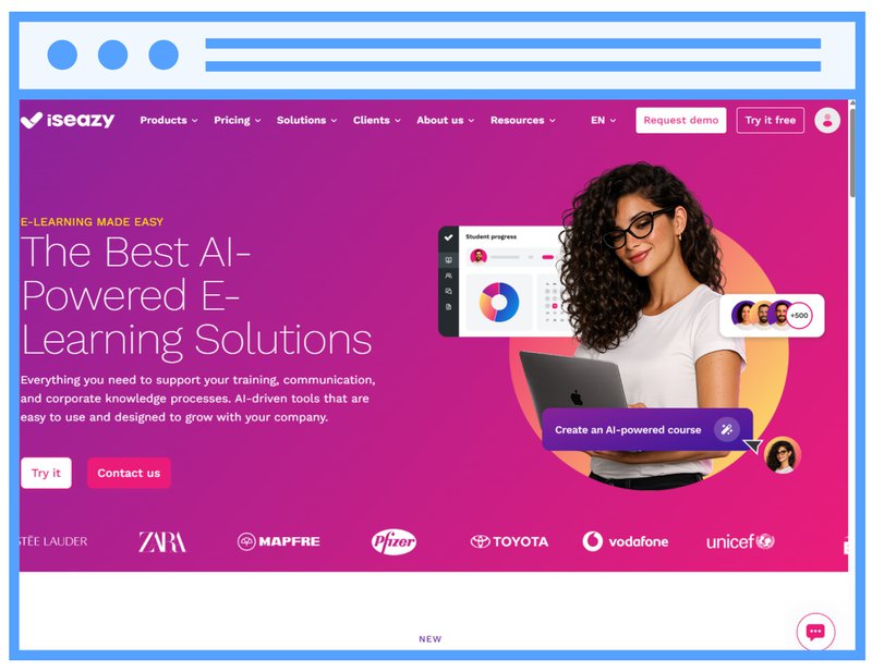 Screenshot os iseazy's homepage, top 10 e-learning authoring tools