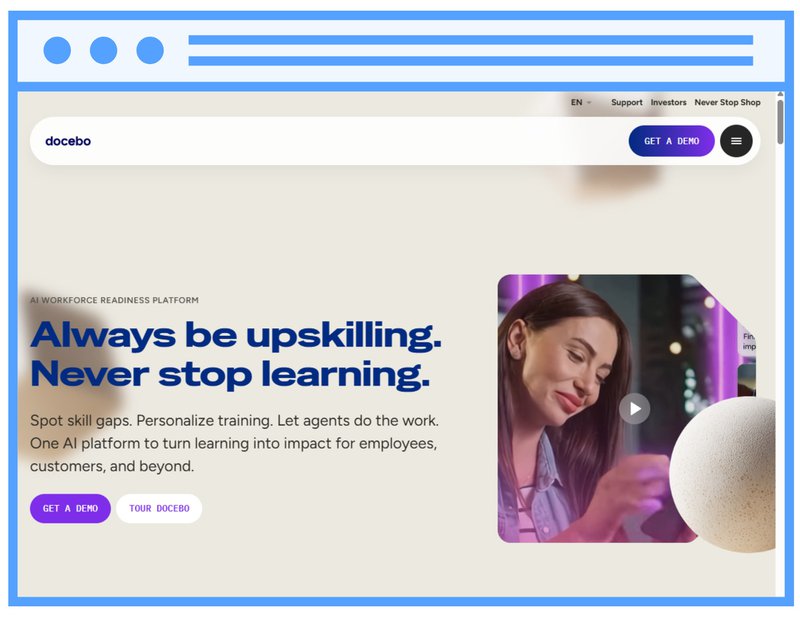 Screenshot of Docebo's homepage; top 10 best learning management system