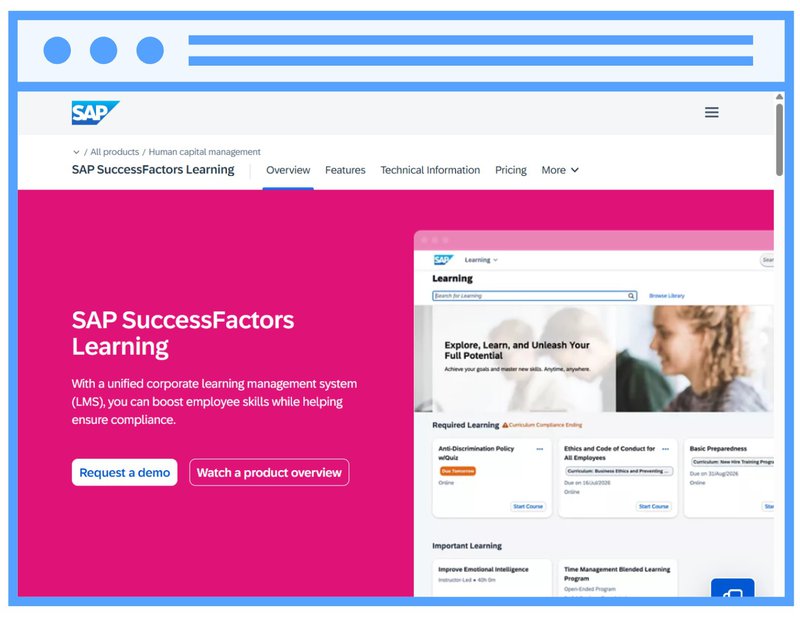 Screenshot of webpage SAP SuccessFactors Learning; top 10 best learning management system