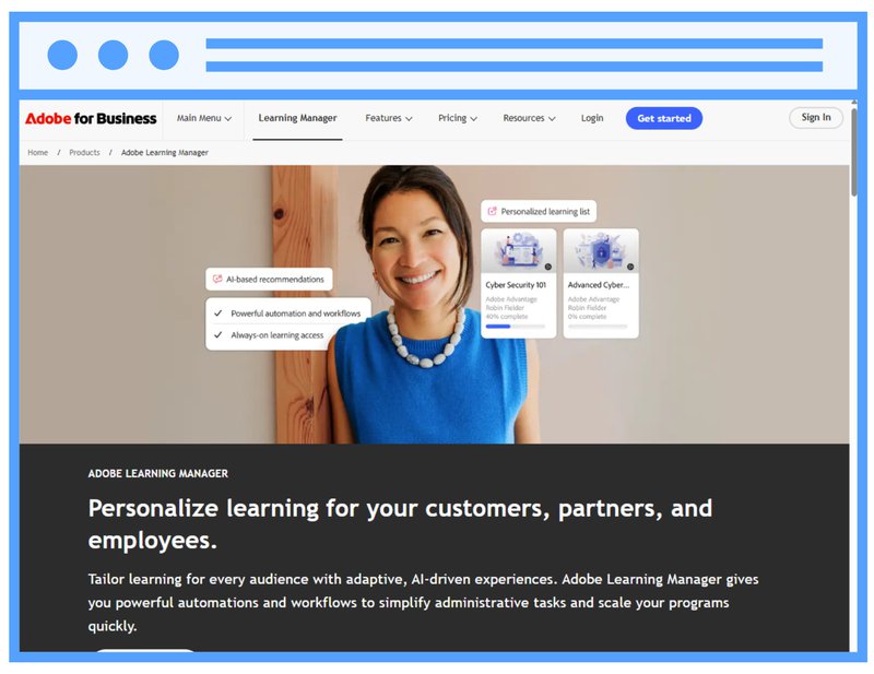 Screenshot of Adobe Learning Manager's webpage
