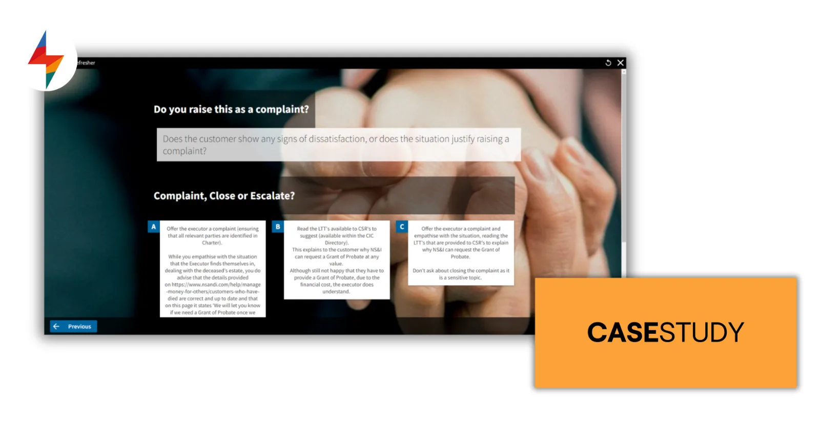 Screenshot of a CASESTUDY patient-file module with scenario questions in FLOWSPARKS