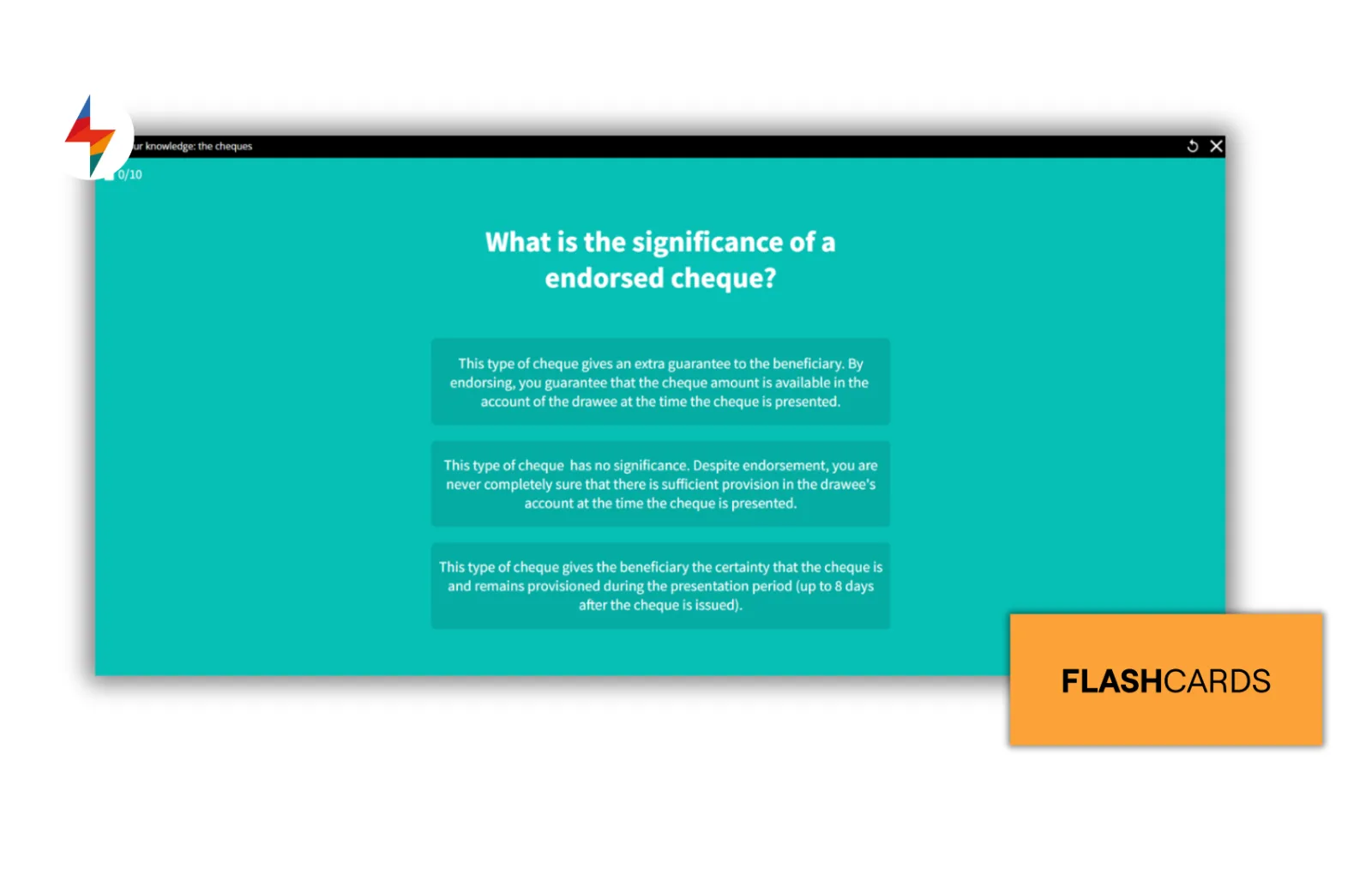 e-Learning examples: screenshot of FLOWSPARKS' FLASHCARDS game-based product training format